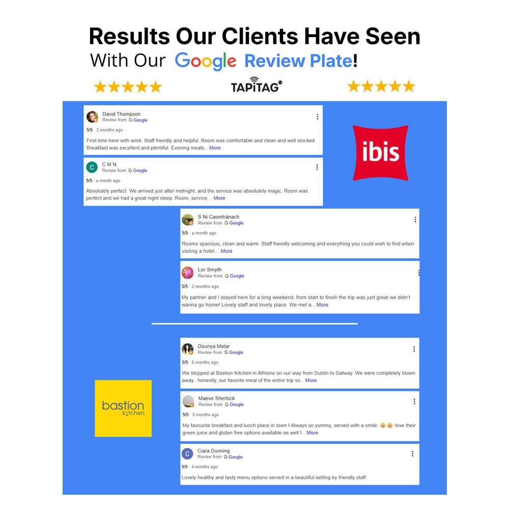 Screen capture of Google reviews with ibis hotel logo and Tapitag branding.