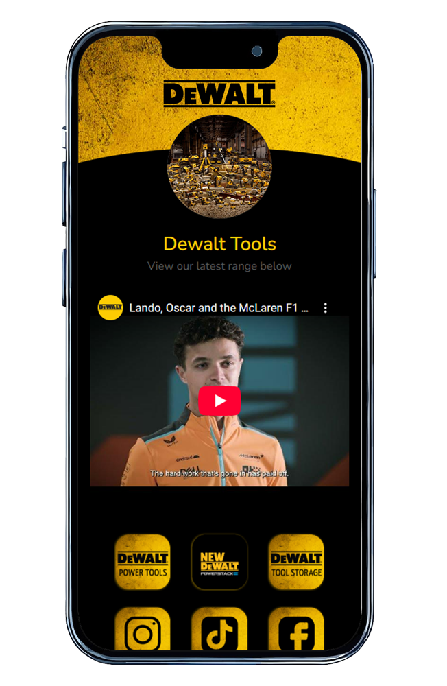 Phone screen displaying the TAPiTAG Dewalt profile with a YouTube video and app icons.