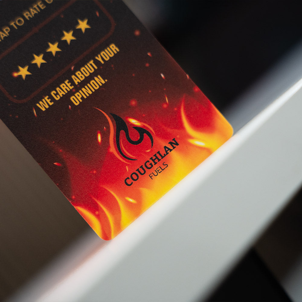 TAPiTAG Google Review Card for Coughlan Fuels product with fiery design and logo on a dark background - nfc & qr code