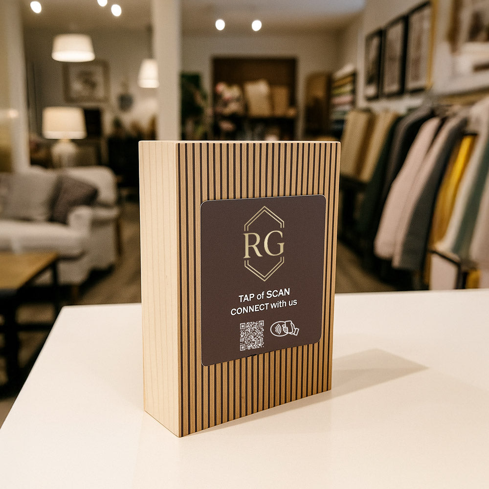 Google Review tag customised on wood box