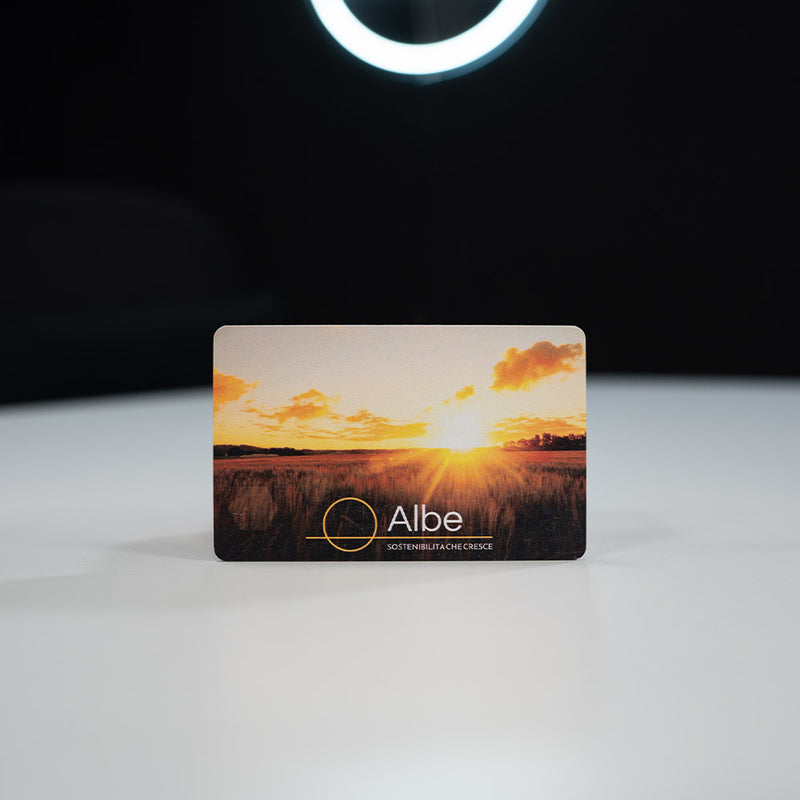 bamboo Digital Business Card, also known as an NFC Business Card with sunset design and 'Albe' branding on a white surface