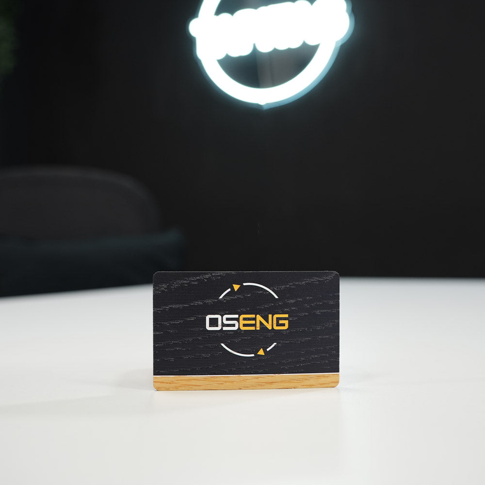 oak Digital Business Card, also known as an NFC Business CardBlack card with 'OSEN' logo on a white surface with a dark background