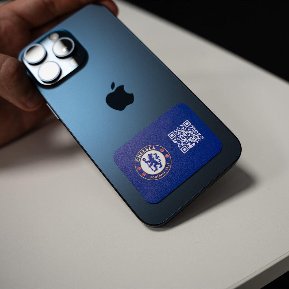 Phone case with Chelsea FC logo and QR code on a blue phone TAPiTAG NFC QR MINICARD NFC-Enabled Digital Business Card