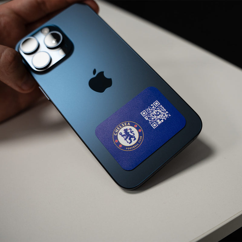 Phone case with Chelsea FC logo and QR code on a blue phone TAPiTAG NFC QR MINICARD NFC-Enabled Digital Business Card