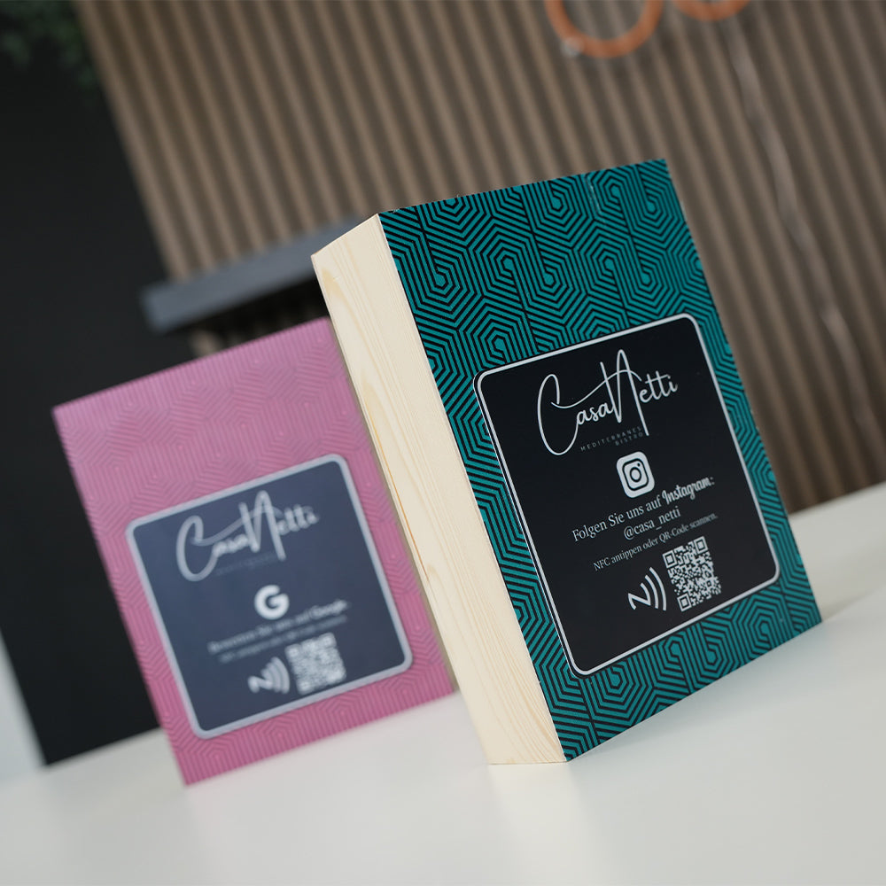 ParaffinStore smart display product wooden box nfc tag with branding on a white surface.