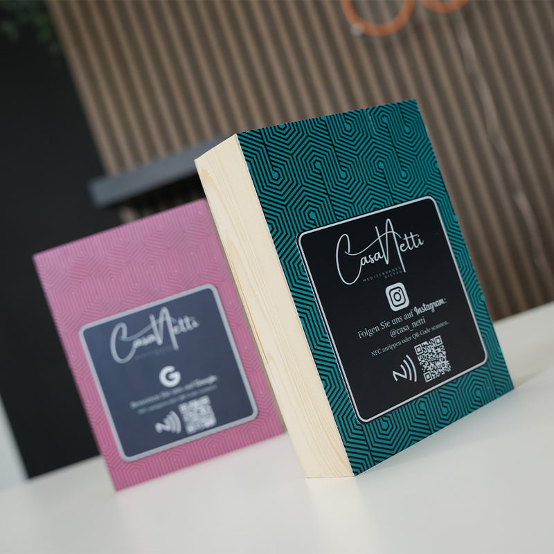 ParaffinStore smart display product wooden box nfc tag with branding on a white surface.