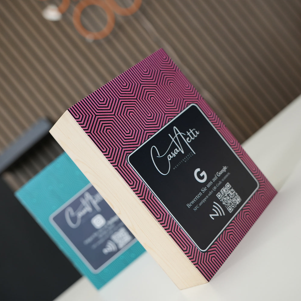 ParaffinStore smart display product wooden box nfc tag with branding on a white surface.