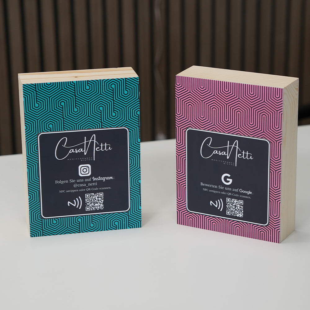 ParaffinStore smart display product wooden box nfc tag with branding on a white surface.