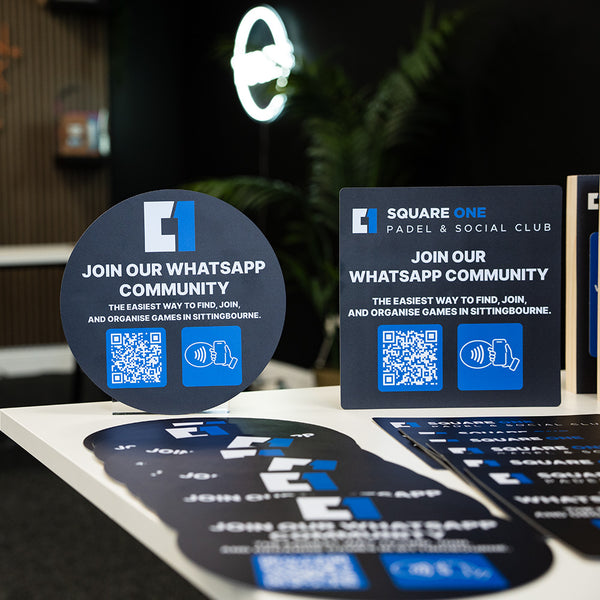 Promotional NFC TAPiTAG for Square One Padel & Social Club with QR code and contact icon on a blurred 