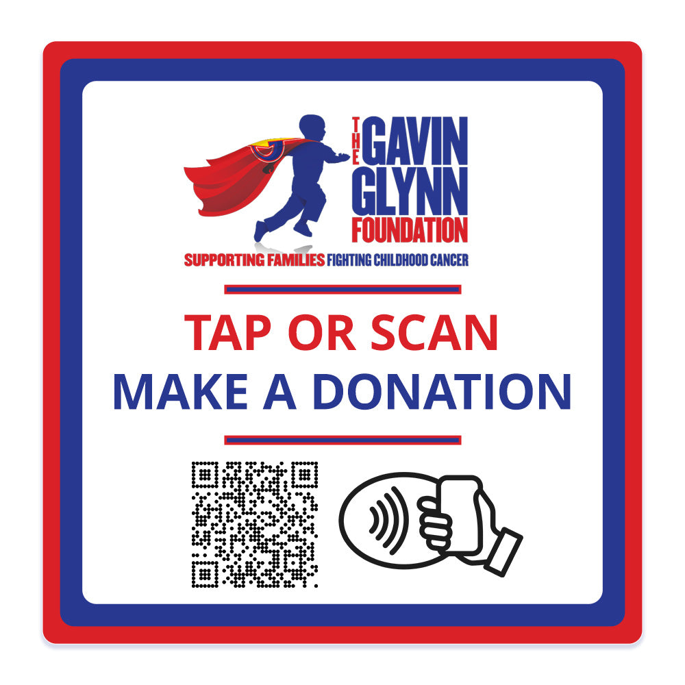 Gavin Glynn Foundation NFC TAG donation card with QR code and donation prompt