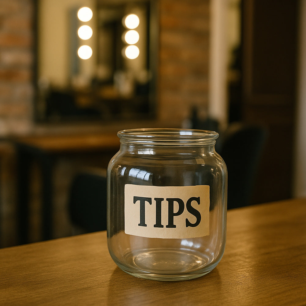 Glass jar labeled 'TIPS' on a wooden surface with a blurred background