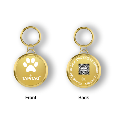 front and back of gold metal TAPiTAG pet tag 