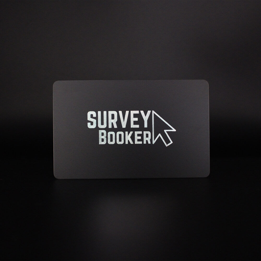 front of black matte PVC smart business card with sliver print and custom logo