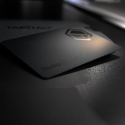 Back side of black PVC stealth NFC Digital Business Card with custom logo 