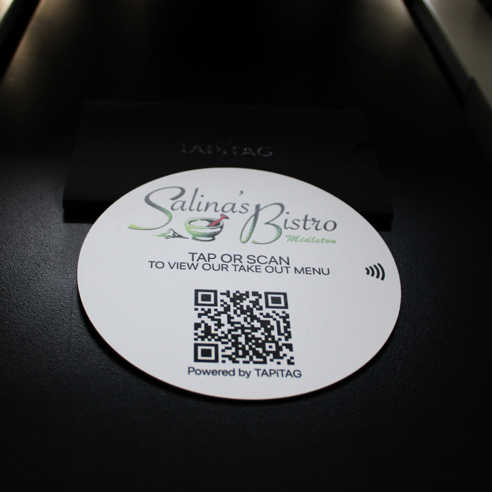 White XXL TAPiTAG Salina's Bistro digital menu with NFC 