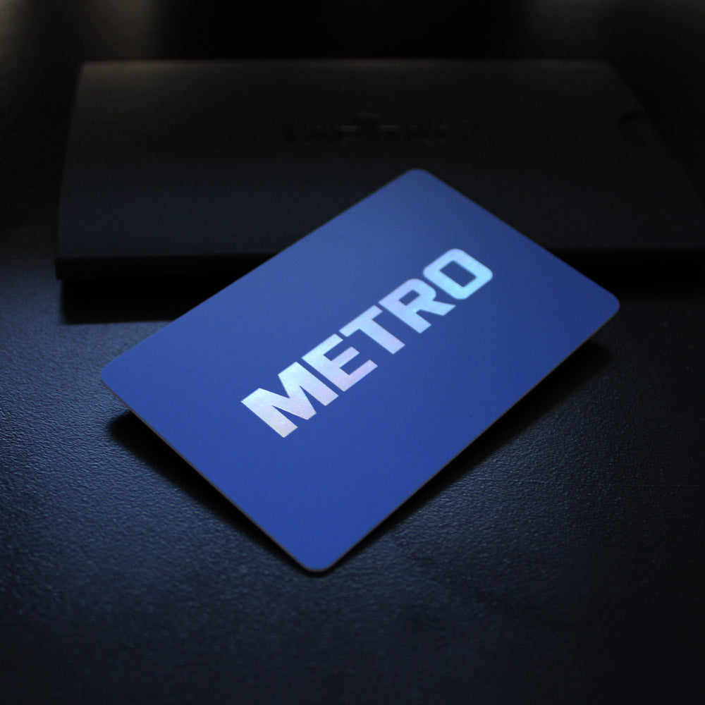 blue TAPiTAG NFC-Enabled Digital Business Card with silver foil print